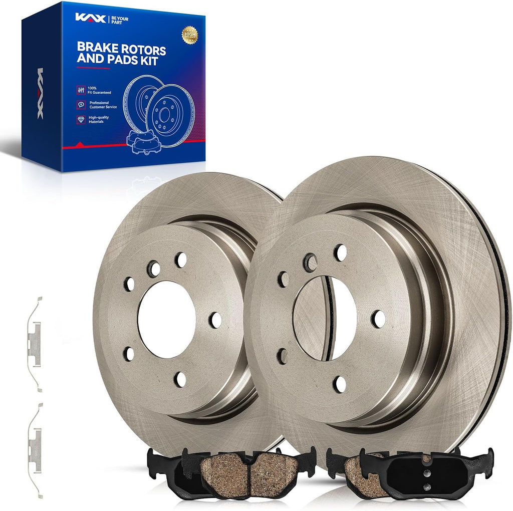 KAX Rear Brake Pads and Rotors for BMW 328i xDrive X1 328i 328xi 325xi, Smooth Vented Disc Brake Rotor Ceramic Brake Pad Replacement (#34317+D1171, 11.81inch, 300MM)