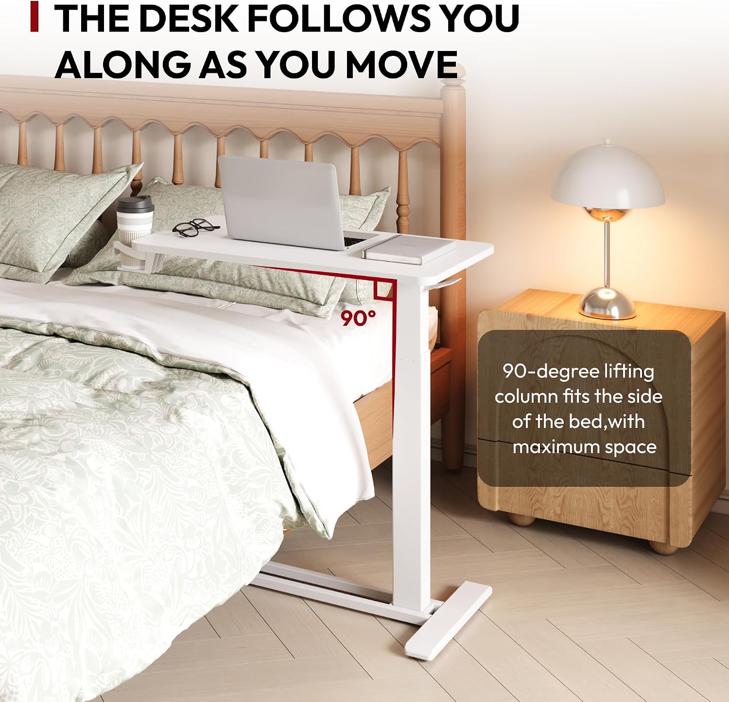SANODESK Mobile Standing Desk with Hidden Wheels,Pneumatic Laptop Desk Rolling Computer Cart Movable Height Adjustable Small Sit Stand Desk for Home Office(31.5' W x 15.7' D,White)