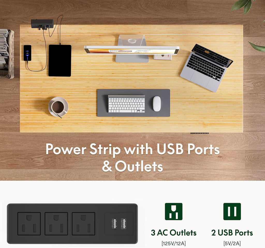 FLEXISPOT EN2 Bamboo Standing Desk with Clamp Power Strip, 55 x 28 Electric Stand Up Height Adjustable Desk with Cable Management (Grey Frame + 55' Bamboo Top, 2 Packages)