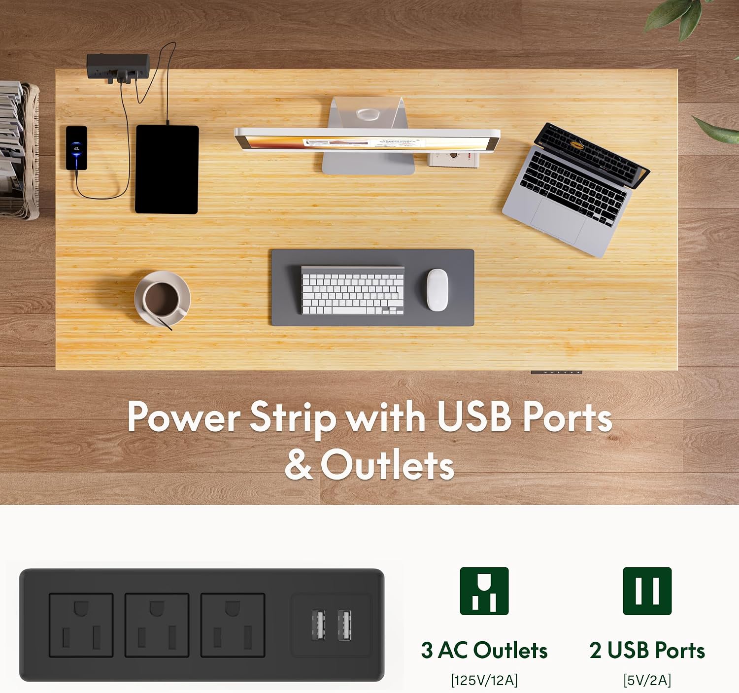 FLEXISPOT EN2 Bamboo Standing Desk with Clamp Power Strip, 55 x 28 Electric Stand Up Height Adjustable Desk with Cable Management (Grey Frame + 55' Bamboo Top, 2 Packages)