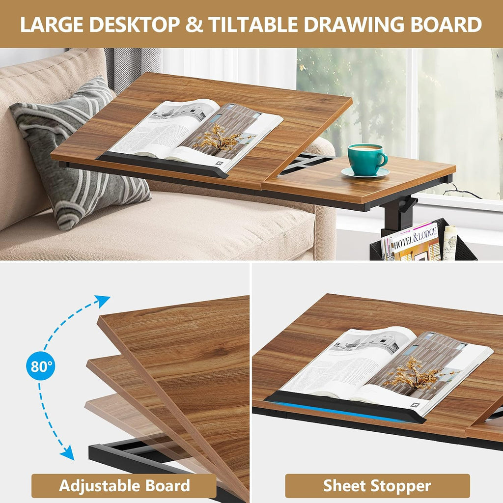 Tribesigns Height Adjustable C Shaped End Table with Wheels and Side Pocket, Mobile Sofa Snack Table with Tiltable Drawing Board, Laptop Side Tray Table for Couch Bed (Walnut Brown)