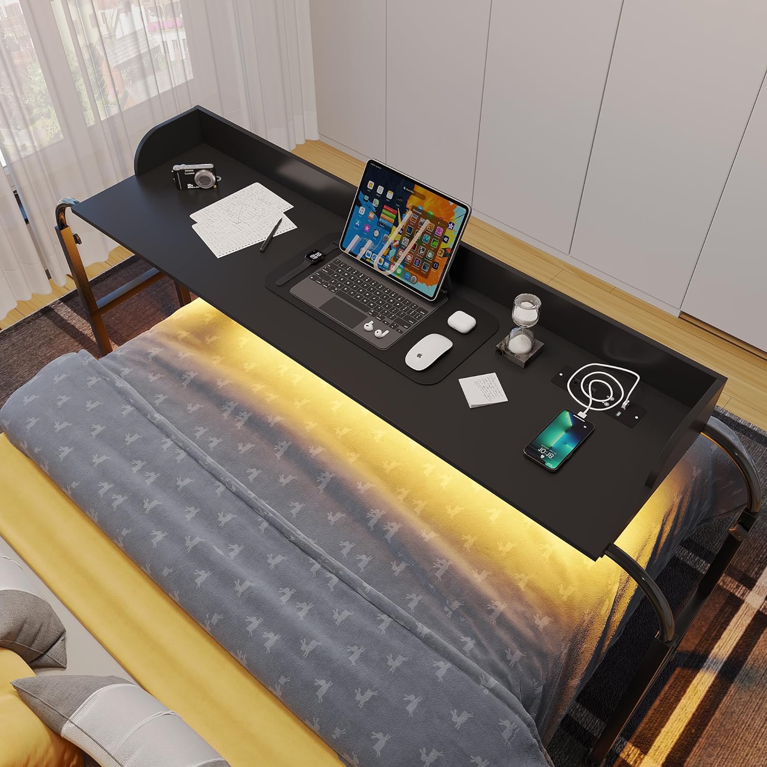 HWB Over Bed Desk with Auto-Sensor LED Lights,Over Bed Table with Wheels Adjustable Height with Charging Station,Beside Table,Rolling Tray Table for Laptop and Writing for Living Room,Black