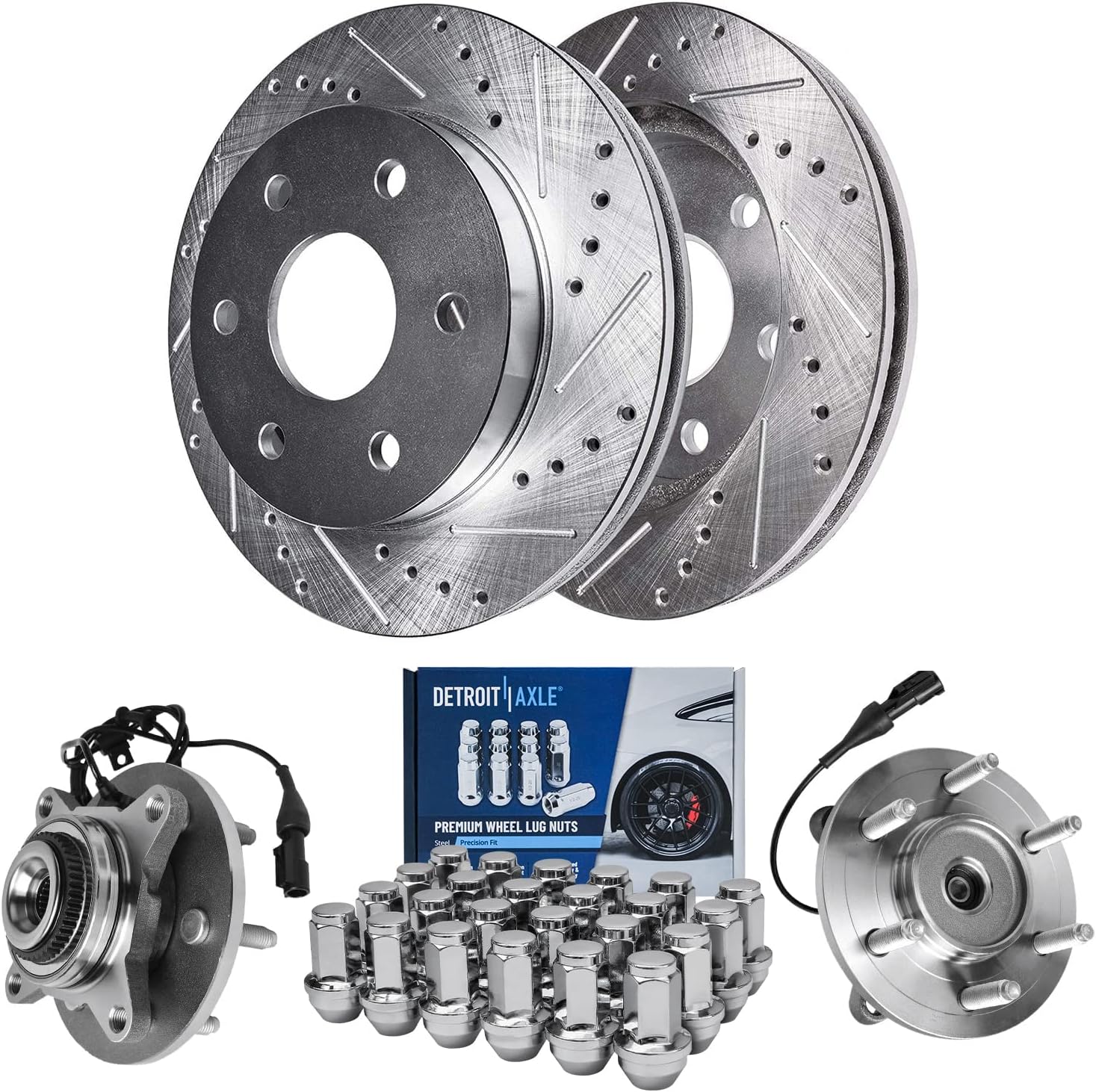 Detroit Axle - 4WD Front Brake Kit for 04-08 Ford F-150, 06-08 Lincoln Mark LT, 2 Drilled & Slotted Disc Brake Rotors 2 Wheel Bearing and Hubs 24 Wheel Lug Nuts 2004 2005 2006 2007 2008 Replacement