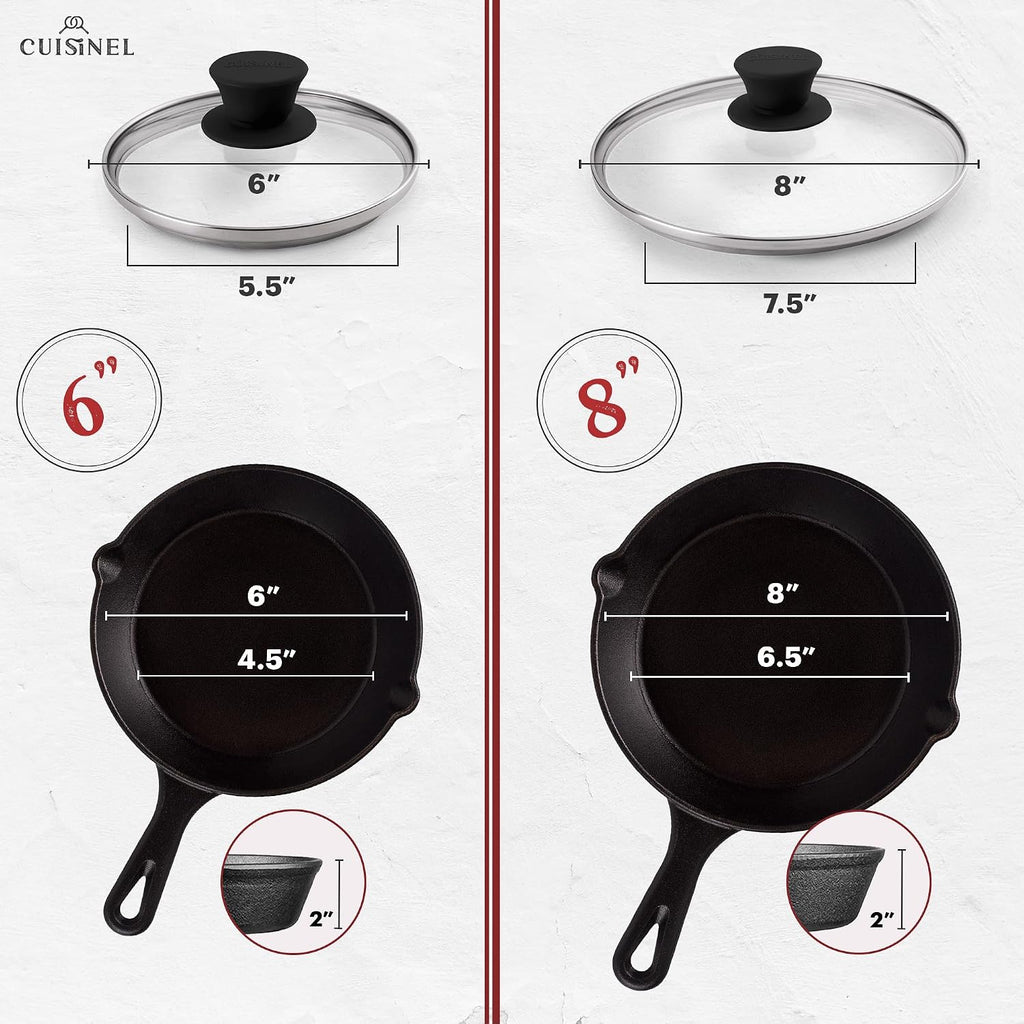 Cuisinel Cast Iron Skillets Set - 6'+8'+10+12'-Inch + Glass Lids + Silicone Handle Holder Cover Grips - Pre-Seasoned Frying Pan - Oven Safe Cookware - Indoor/Outdoor Use - Grill, Stovetop, Fire Safe
