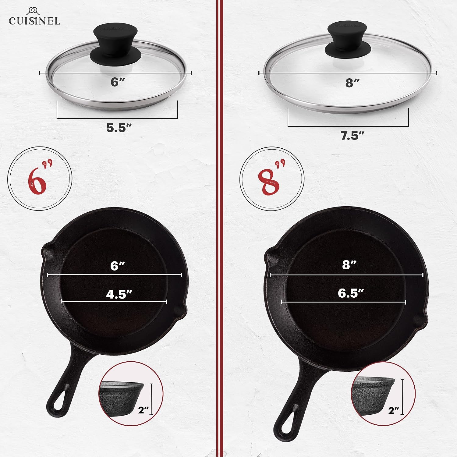 Cuisinel Cast Iron Skillets Set - 6'+8'+10+12'-Inch + Glass Lids + Silicone Handle Holder Cover Grips - Pre-Seasoned Frying Pan - Oven Safe Cookware - Indoor/Outdoor Use - Grill, Stovetop, Fire Safe