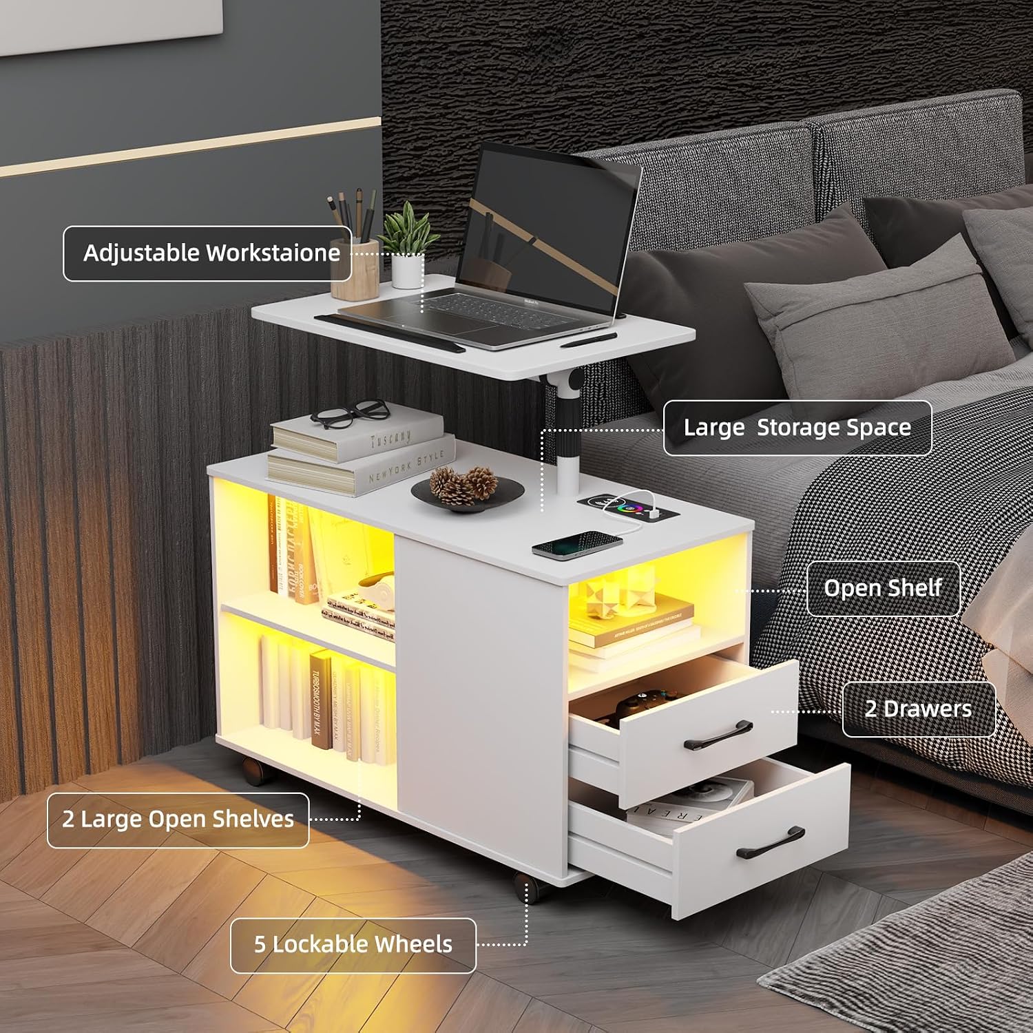 HNEBC LED Nightstand with RGB Lights&Charging Station for Bedroom, Smart Bedside Table with Lockable Wheels, 2 Drawer, Modern End Side Table with Adjustable Rotary (White)