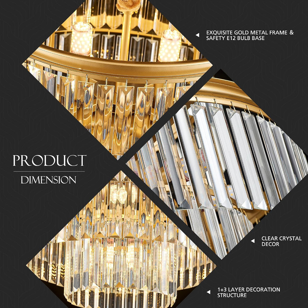 21.6' 14-Light Modern Crystal Chandelier Light Fixtures 4-Tier Gold Luxury Chandeliers for Dining Room Round Hanging Pendant Lighting for Living Room Kitchen Entryway Bedroom Foyer Hallway