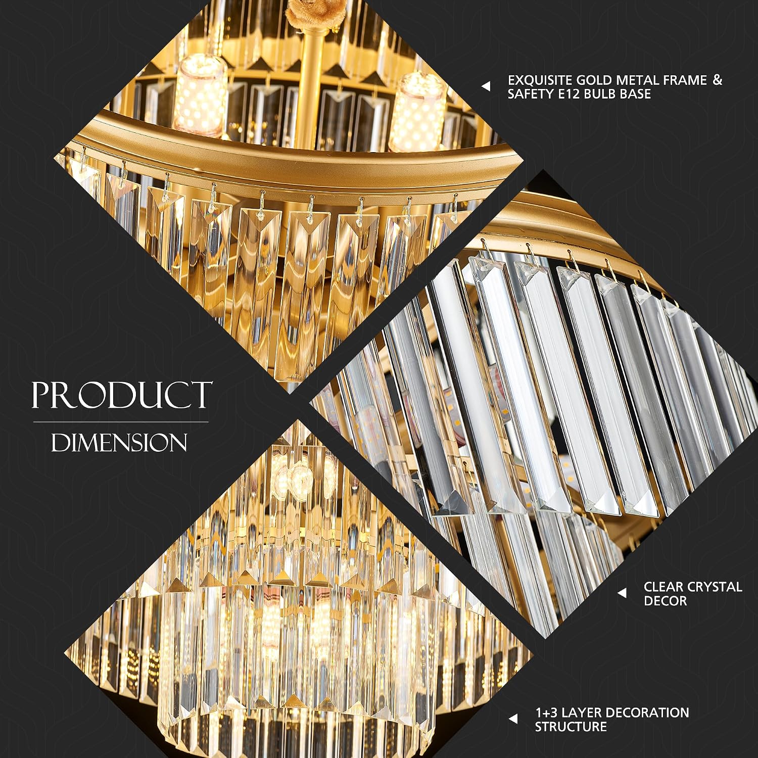 21.6' 14-Light Modern Crystal Chandelier Light Fixtures 4-Tier Gold Luxury Chandeliers for Dining Room Round Hanging Pendant Lighting for Living Room Kitchen Entryway Bedroom Foyer Hallway