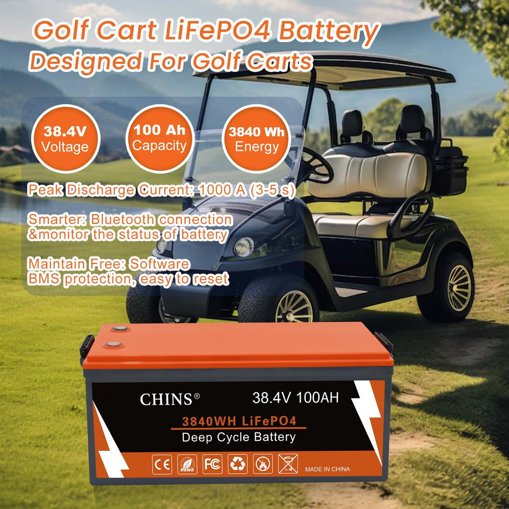 CHINS 36V 100Ah Lithium Golf Cart Battery, Includes 36V 25A Charger, Monitor, Built-in Bluetooth 200A BMS, 4000+ Cycles, 36 Volt Lithium Battery for Golf Cart