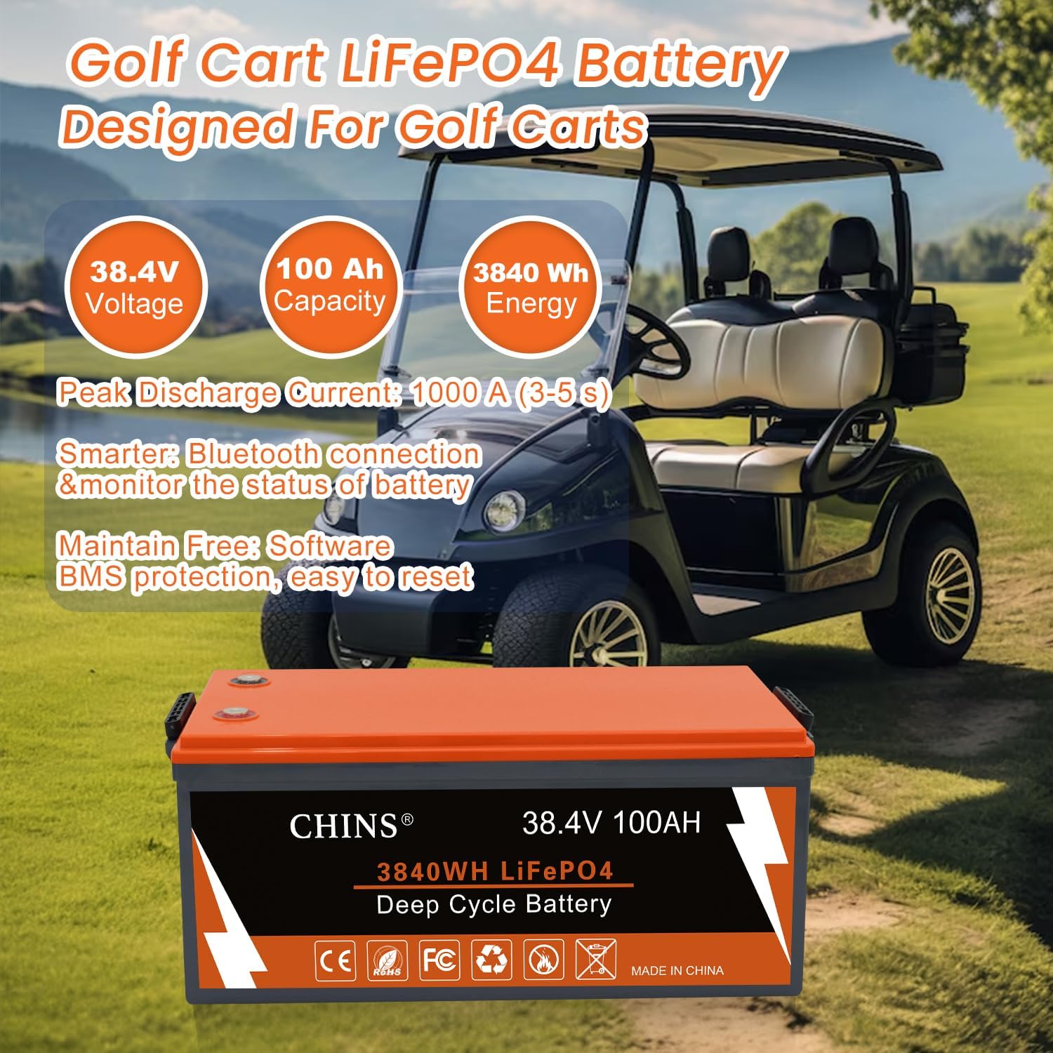 CHINS 36V 100Ah Lithium Golf Cart Battery, Includes 36V 25A Charger, Monitor, Built-in Bluetooth 200A BMS, 4000+ Cycles, 36 Volt Lithium Battery for Golf Cart