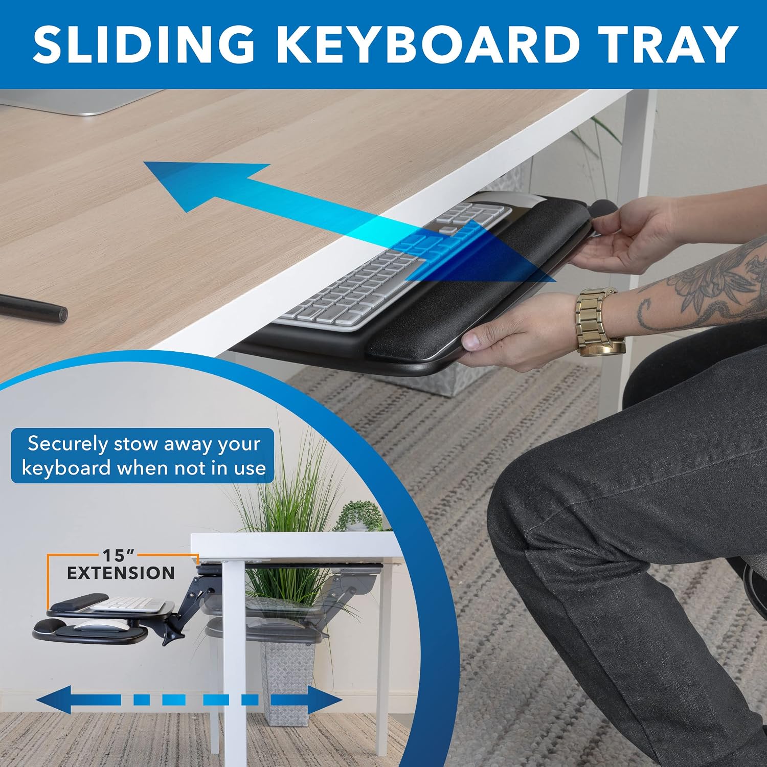 Mount-It! Under Desk Keyboard Tray, Adjustable Slide-Out Keyboard & Mouse Platform, 20.5' W × 11' D, Ergonomic Wrist Rest, Tilt & Swivel, Heavy-Duty Bolt-On Keyboard Drawer for Home Office, Black