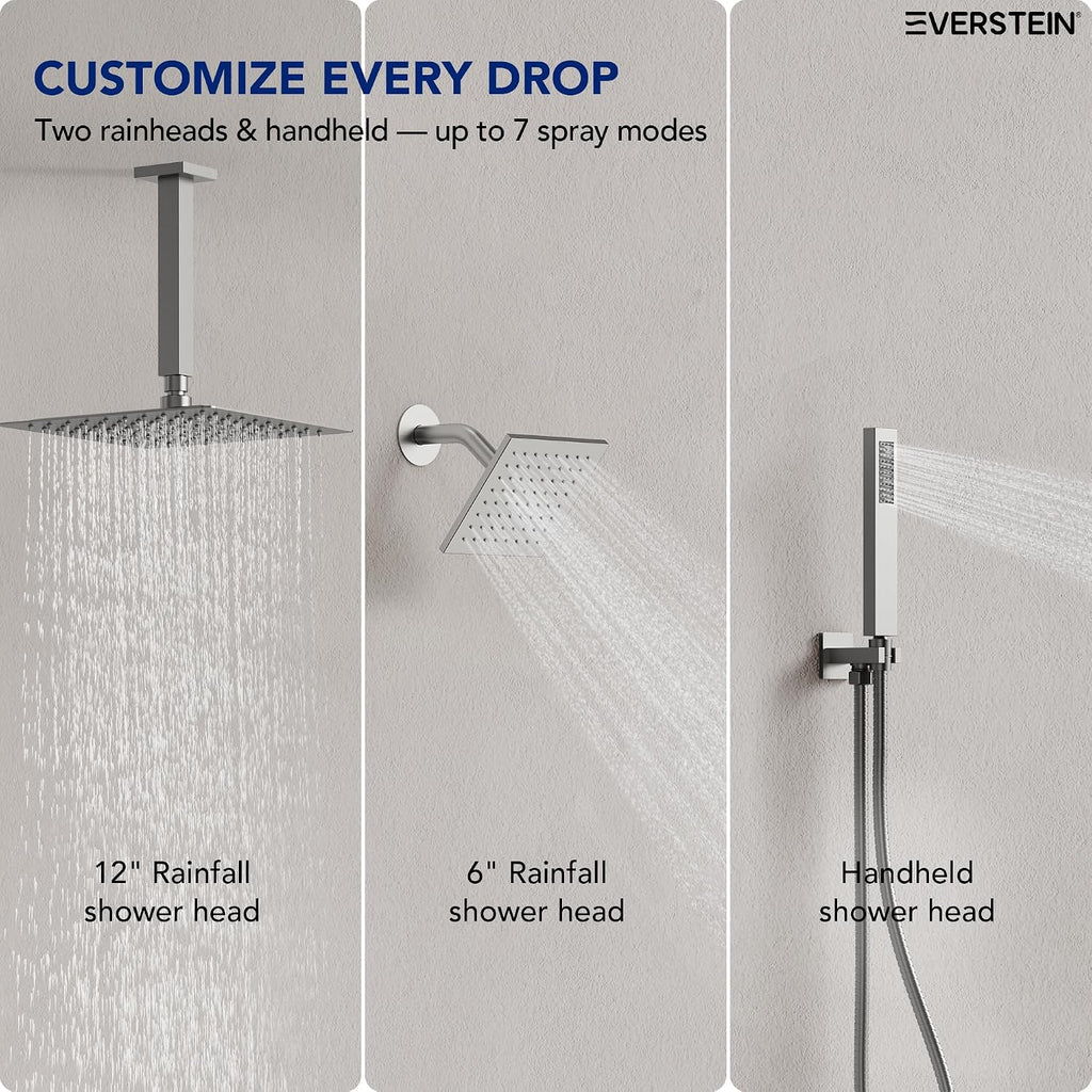 Ceiling Mount 12' High-Pressure Rainfall Shower Faucet, Dual Rainfall Shower Head System with Valve (Brushed Nickel)