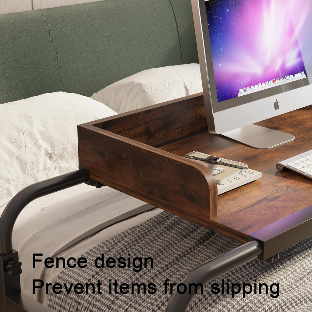 LINGMI Kids and Adult Desk, Overbed Table with Wheels, Bed Desk Recliner Table Adjustable Height Laptop Table, Queen King Size Over The Bed Table with Metal Leg(Rustic Brown)