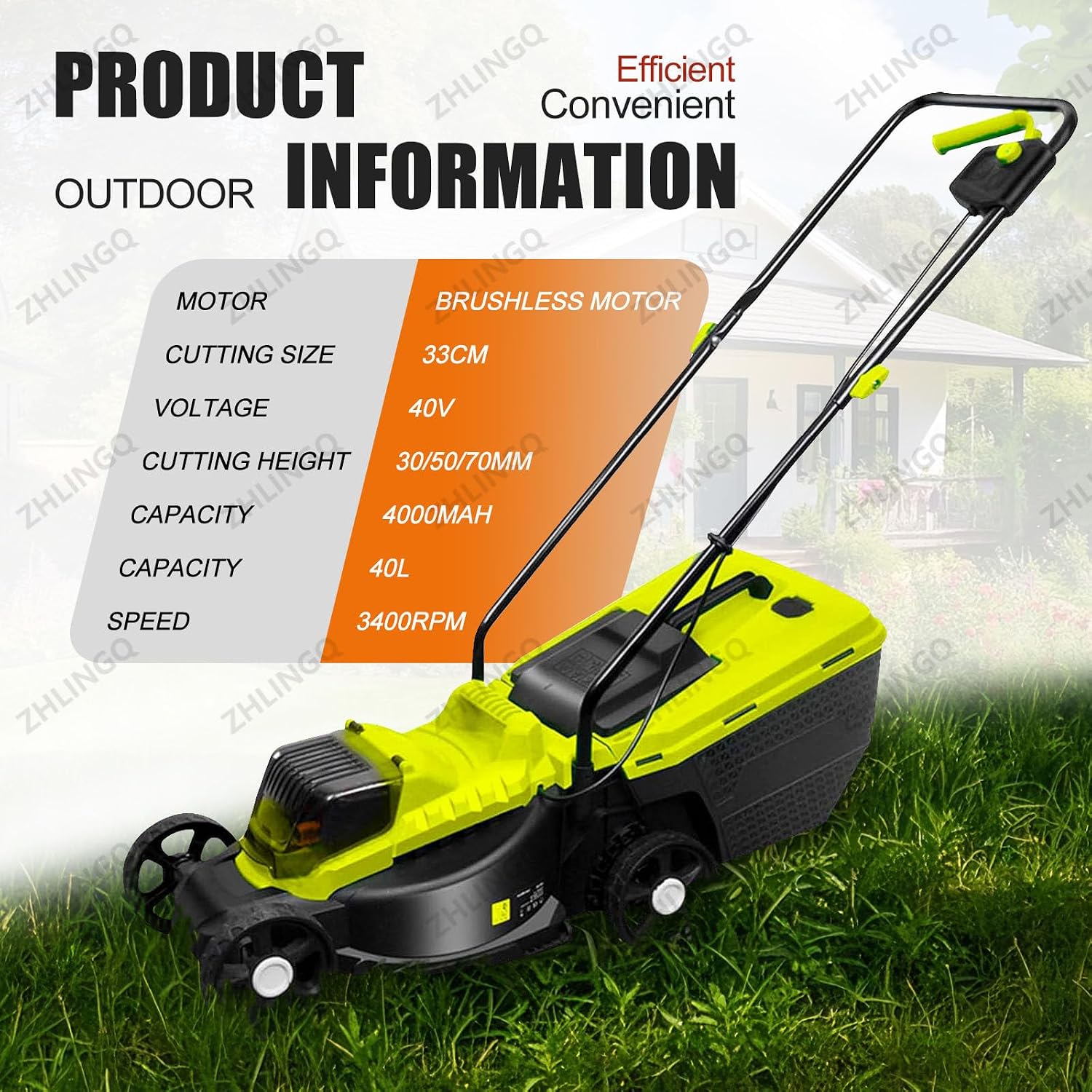 Cordless Push Lawn Mower with 40L Grass Box, 40V Battery Powered Grass Cutting Machine, 30mm/50mm/70mm Adjustable Cutting Heights, 4000mAh Battery, for Backyard Gardens, Lawns,Battery*2