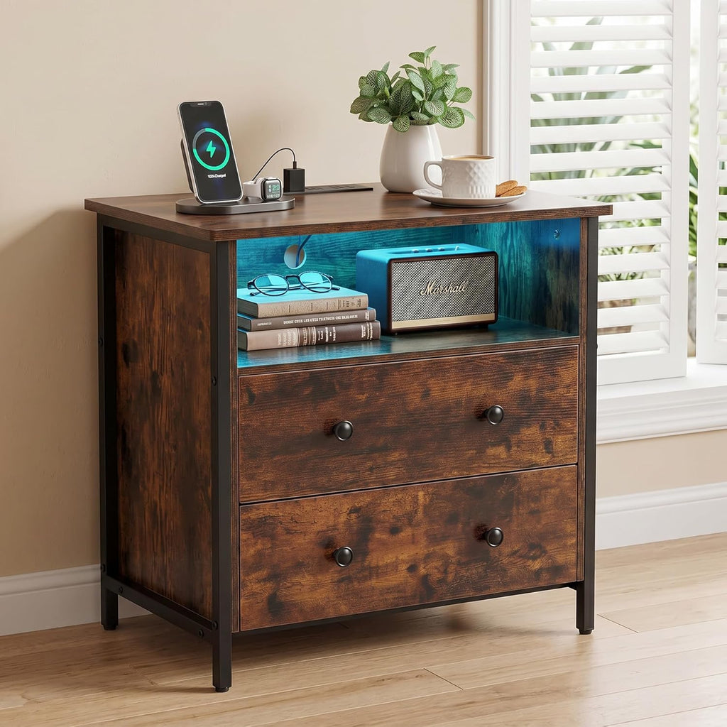 27 Inch Wide Night Stand, Large Wood Night Stand with 2 Drawers, LED Nightstand with Charging Station and Adjustable Drawer, Bedside Table for Living Room/Bedroom/Study/Office, Retro.