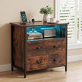 27 Inch Wide Night Stand, Large Wood Night Stand with 2 Drawers, LED Nightstand with Charging Station and Adjustable Drawer, Bedside Table for Living Room/Bedroom/Study/Office, Retro.