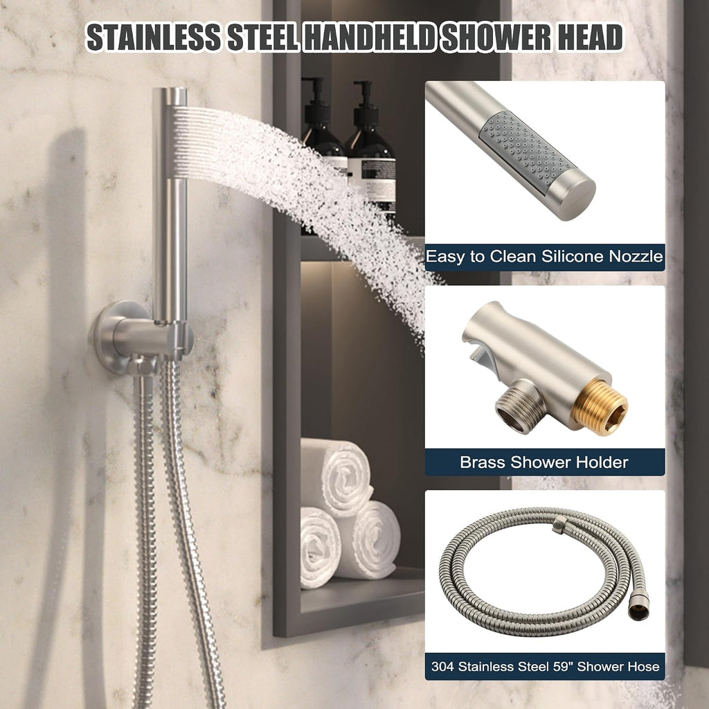 MONDAWE Round Shower Faucet Set with Tub Spout, Wall Mounted Shower System 10 Inch Rainfall Shower Head with Handheld Combo, Brushed Nickle High Pressure Shower Faucets Sets Complete