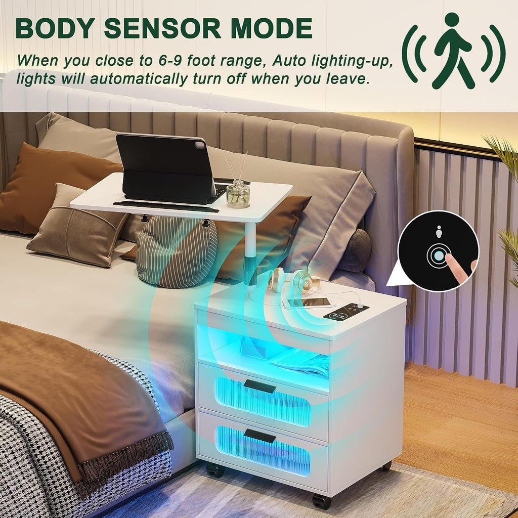 HNEBC LED Nightstand Set of 2 with Charging Station & Adjustable Overbed Desk, 3 Color LED Lights & Body Sensor, Mobile Bedside Table with Wheels, 2 Drawers & Open Shelf for Bedroom(White)