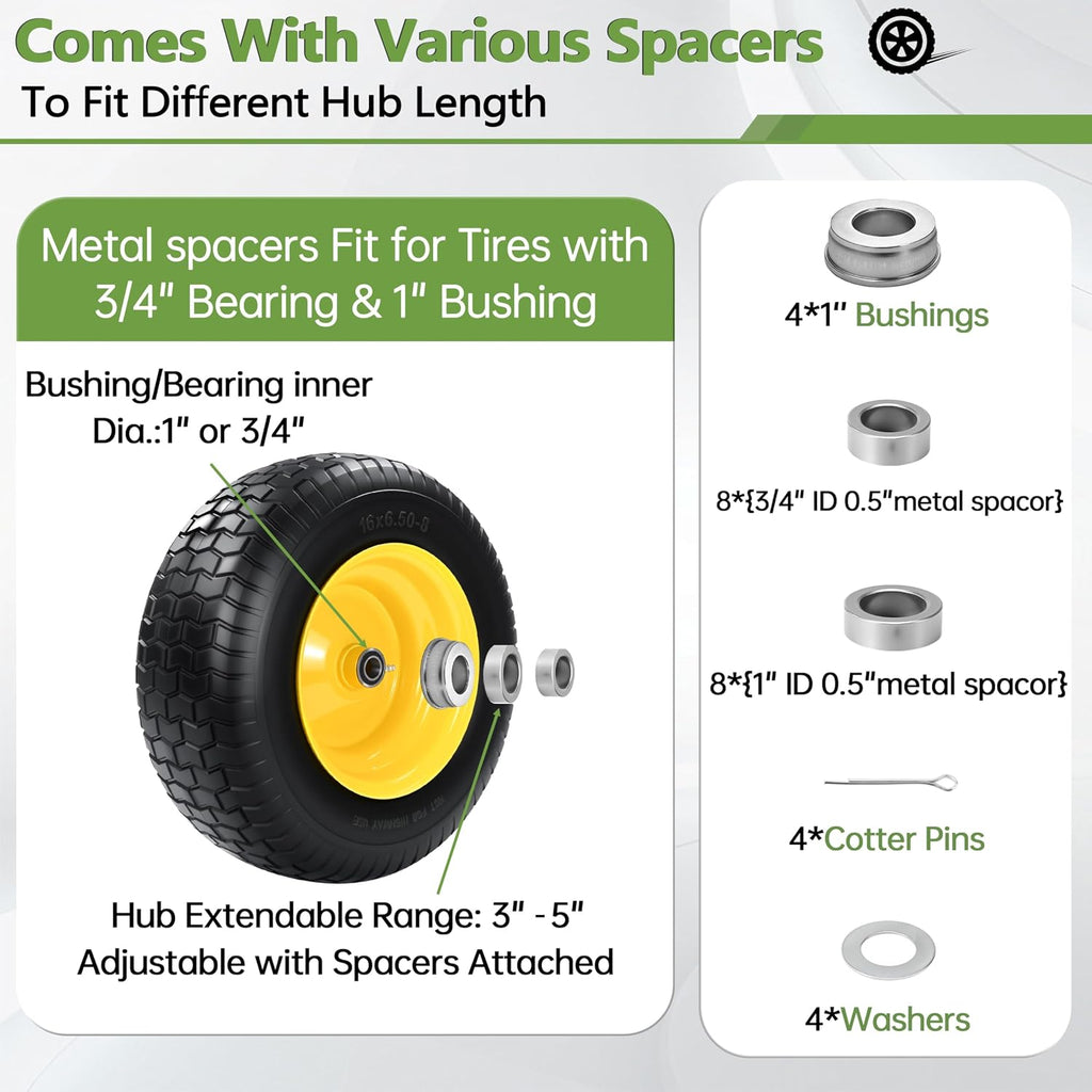 2 PCS 16x6.50-8 Flat Free Riding Lawn Mower Tire and Wheel with 1' Bushing, 3/4'Bearing，3-5'Offset Hub, Relacement 16x6.5-8 Solid Turf Tire with Rim for Lawn Mowers and Garden Tractor Front Assembly