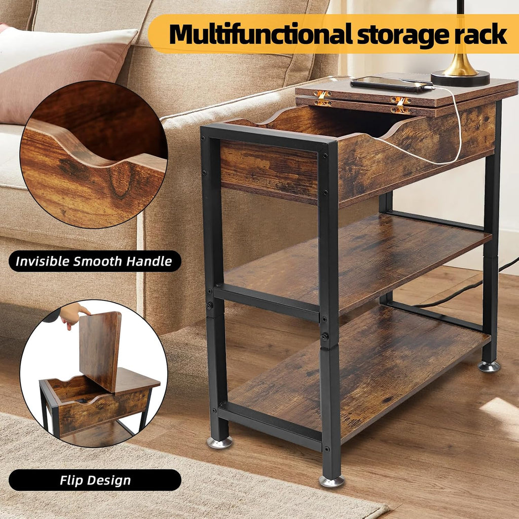 TooCust Flip Top End Table with Charging Station Set of 2, 12' D×21' W×26' H Small Side Tables with Storage & Shelves, Compact Side Table for Small Spaces, End Tables Living Room Set of 2, Brown