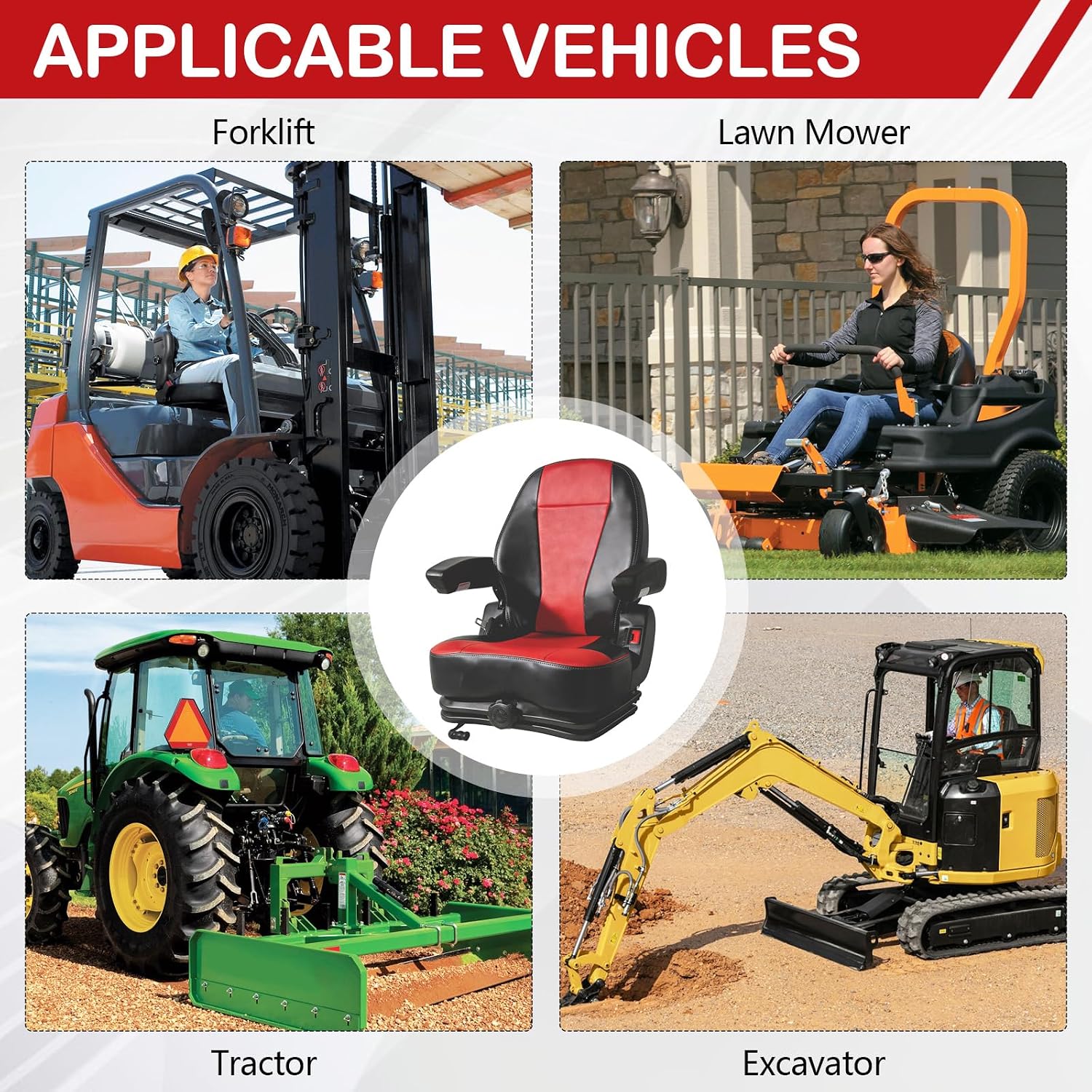 hightall Lawn Mower Seat with Cover,Spring-Dampers Heavy Duty Tractor Suspension Seat for Zero Turn Mower Tractor Excavator Harvester Forklift,Adjustable Slide Rails/Armrest,Seatbelt