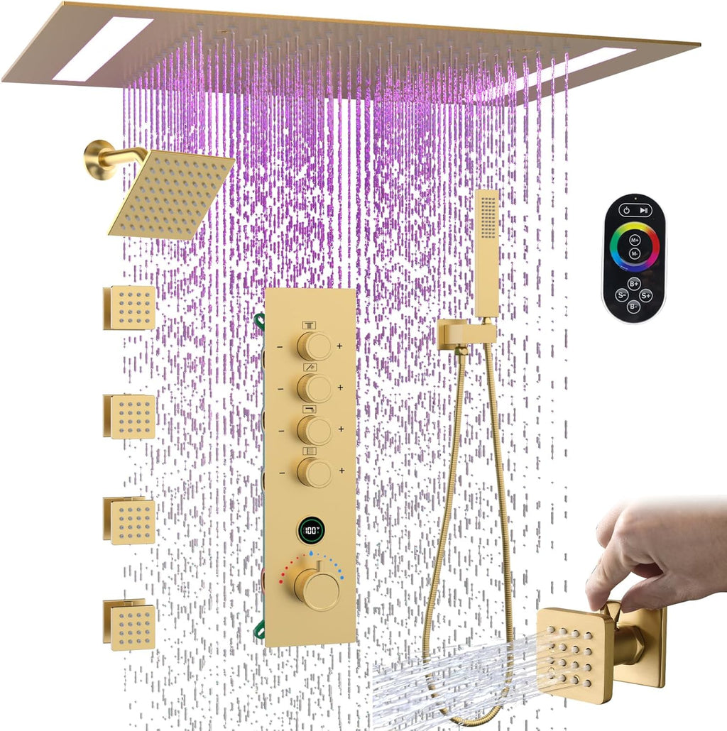 Luxury Thermostatic Digital Dual Heads Shower System Brushed Gold Full Bdoy Spray Shower Faucet Set with 20x14in LED Rainfall Showerhead and 6in Wall Shower, 4 Body Jets with Shut-off, Brass Handheld