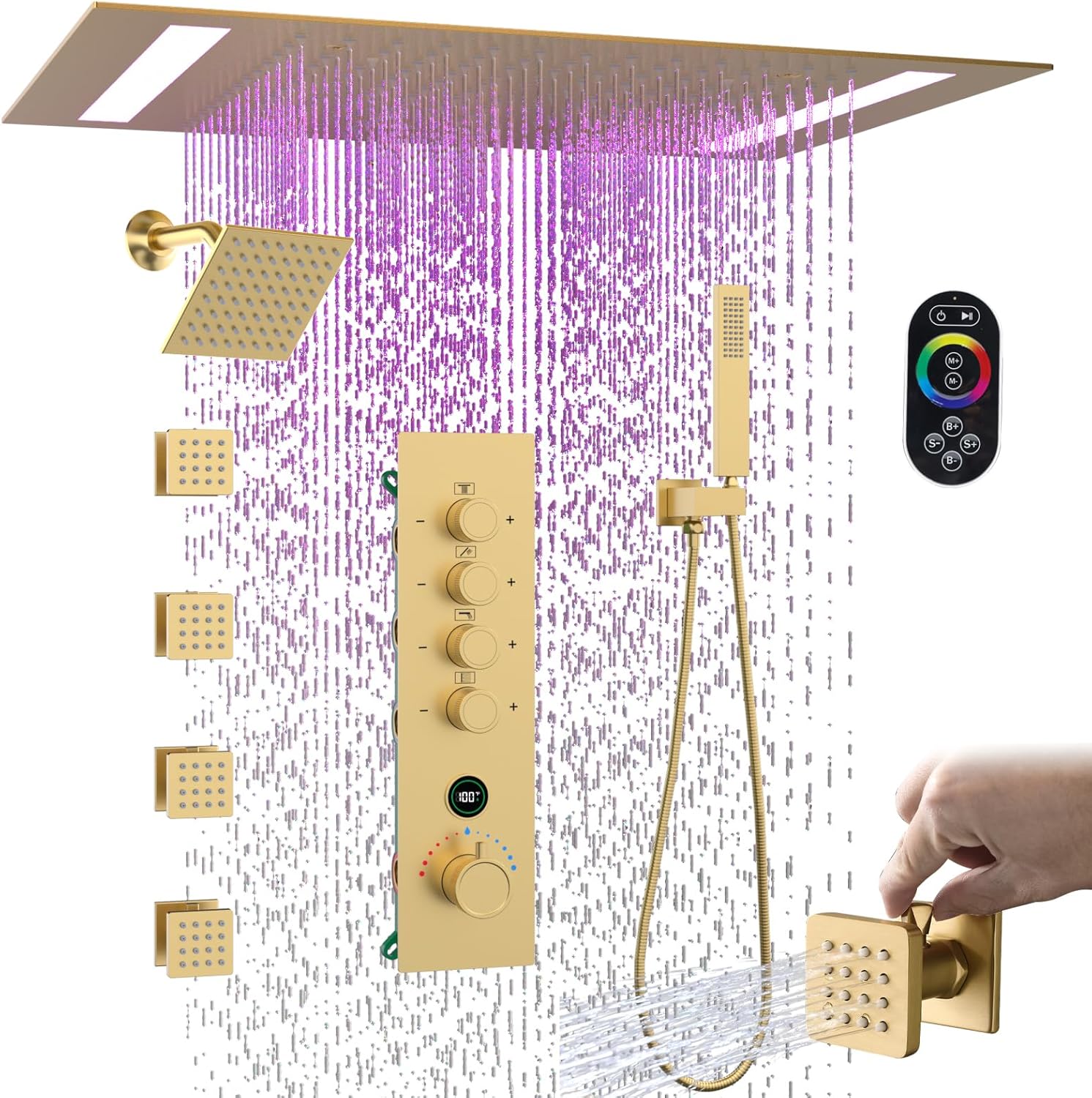 Luxury Thermostatic Digital Dual Heads Shower System Brushed Gold Full Bdoy Spray Shower Faucet Set with 20x14in LED Rainfall Showerhead and 6in Wall Shower, 4 Body Jets with Shut-off, Brass Handheld