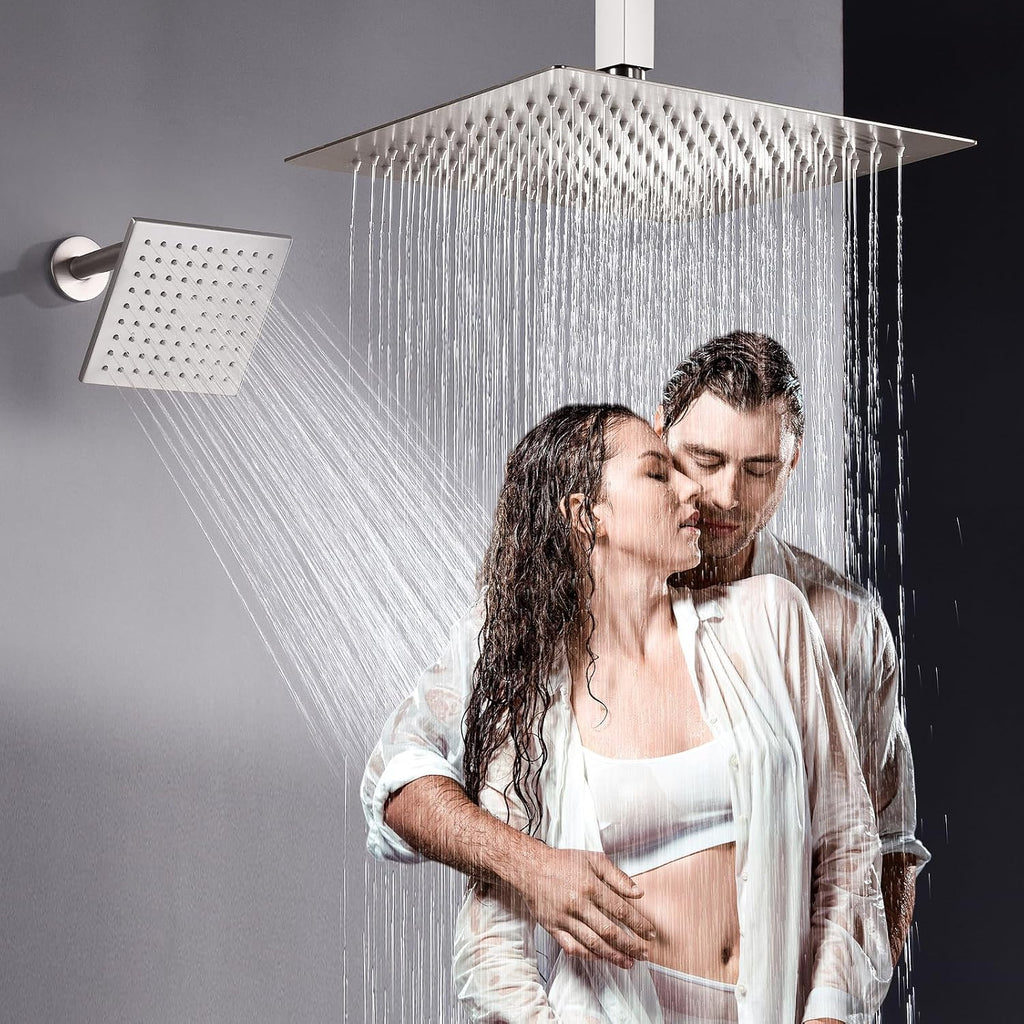 Dual Shower Head System Brushed Nickel 12' Ceiling Mount Rainfall Shower and 6' Wall Mounted Shower Head System with Handheld Spray, Push Button Diverter Shower Faucet Set, Can All Run Together