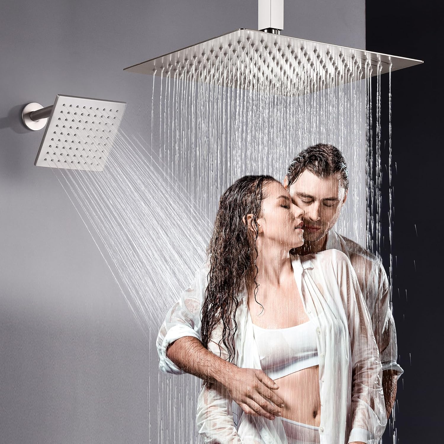 Dual Shower Head System Brushed Nickel 12' Ceiling Mount Rainfall Shower and 6' Wall Mounted Shower Head System with Handheld Spray, Push Button Diverter Shower Faucet Set, Can All Run Together