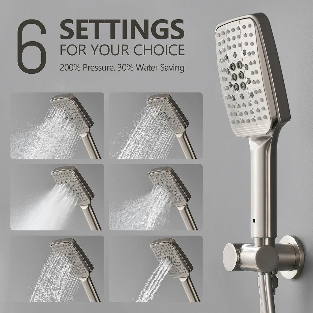 Shower Faucet Set - 12 inches Rain Shower System with 6 Function Handheld Shower Head Rough in Pressure Balance Valve Kit - Stainless Steel Bathroom Shower Kit Complete Brushed Nickel