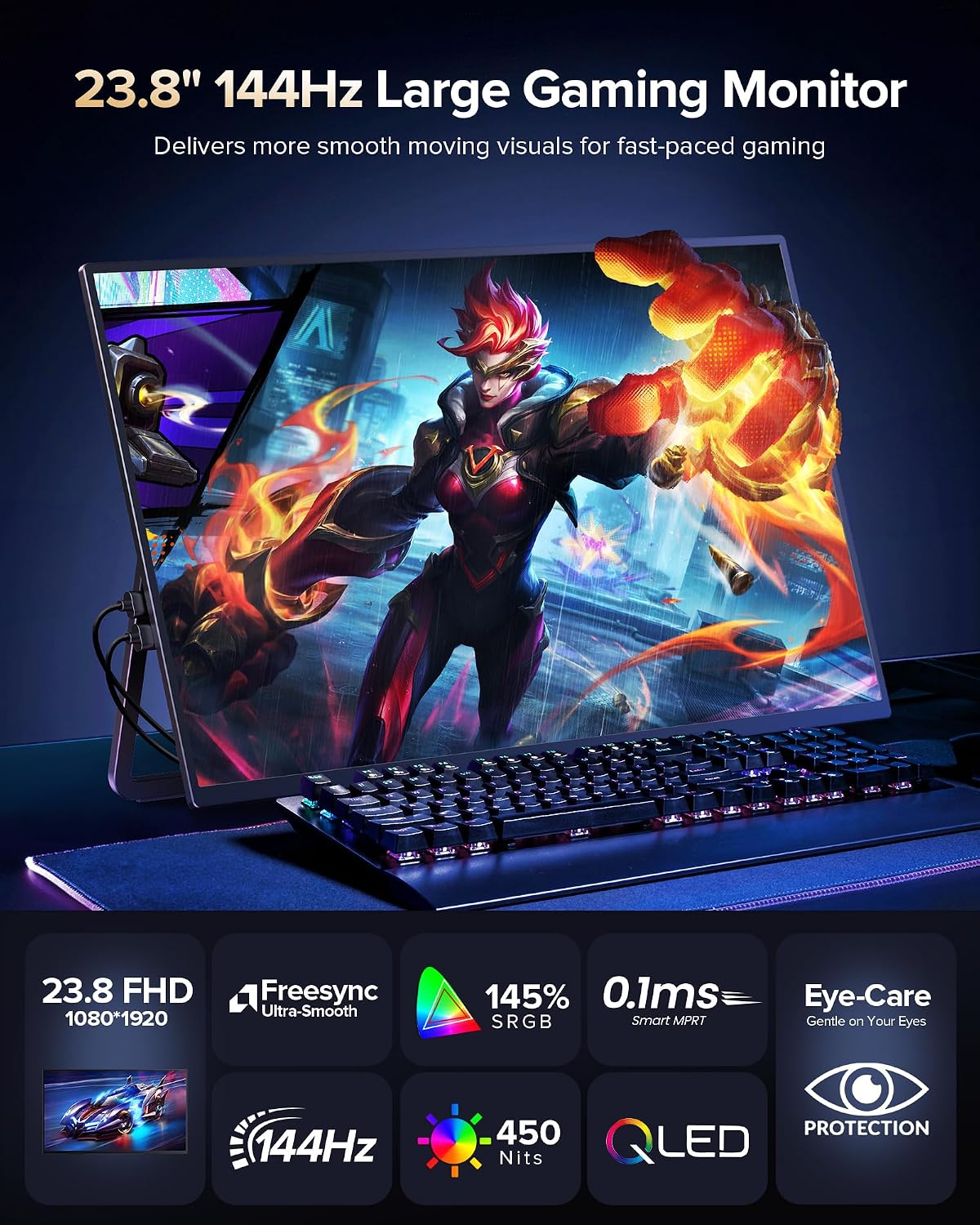 23.8'' QLED Portable Monitor 144Hz Gaming Monitor, 145%sRGB | 2000:1 | FreeSync Built-in Adjustable Stand, Speaker and VESA, USB-C HDMI Large Second Screen for Laptop, Mac-book, PC, Game Console