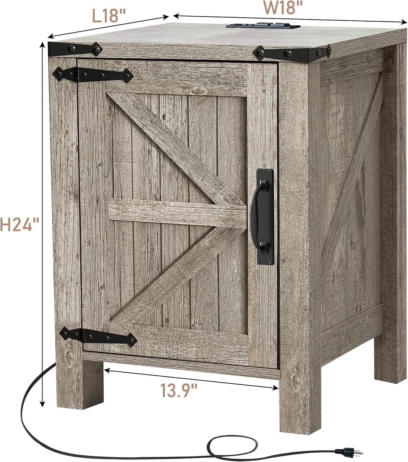 OKD Nightstand with Charging Station, 18 Inch Farmhouse End Table with Barn Door and Adjustable Storage Shelf, Rustic Wood Sofa Side Table w/Magnetic Door for Living Room, Bedroom, Light Rustic Oak