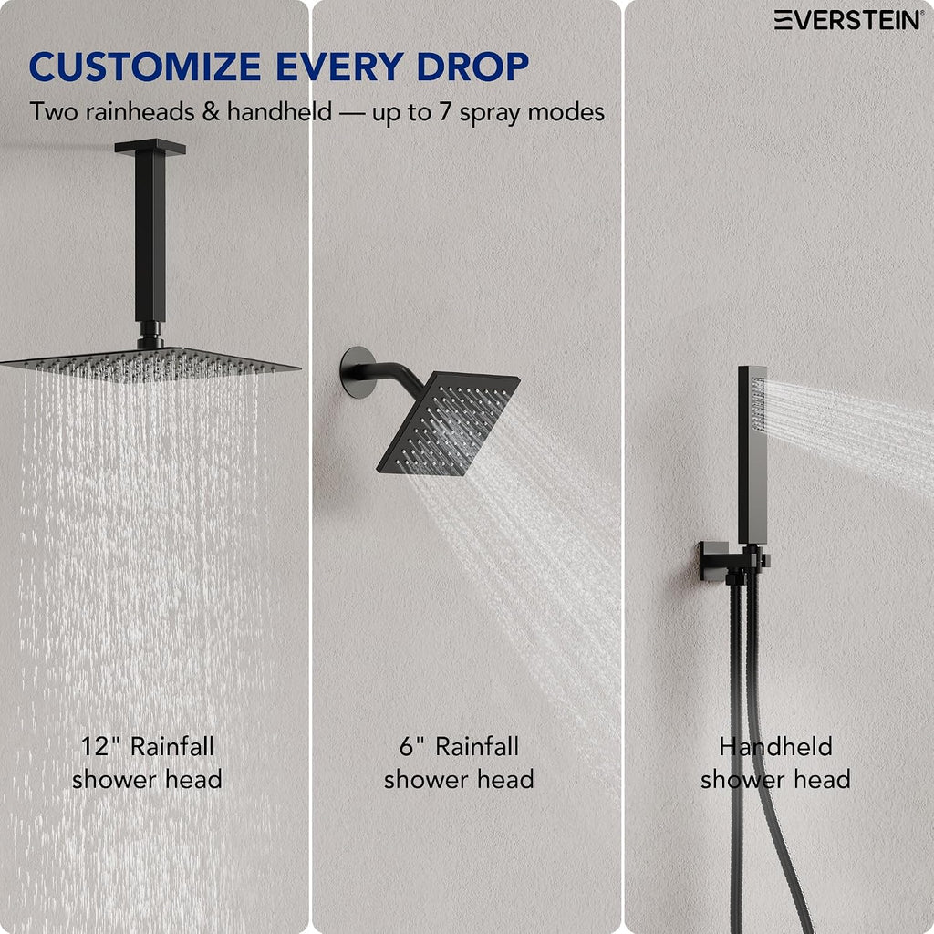 Ceiling Mount 12' High-Pressure Rainfall Shower Faucet, Dual Rainfall Shower Head System with Valve (Matte Black)