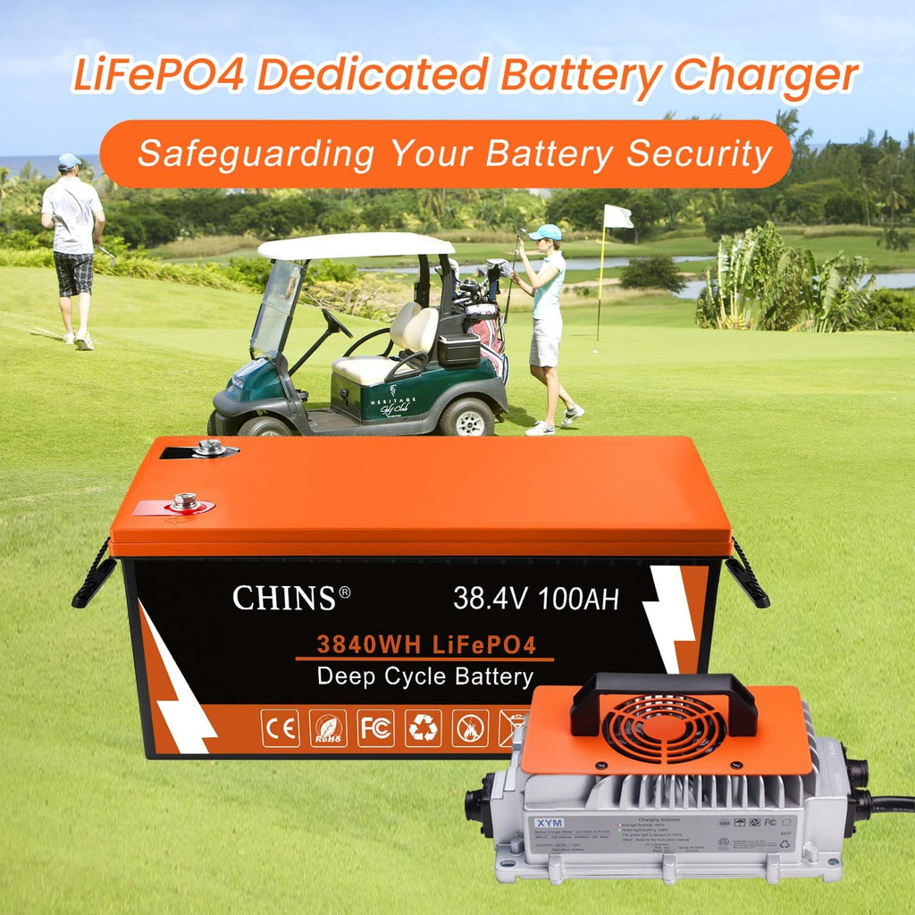 CHINS 36V 100Ah Lithium Golf Cart Battery, Includes 36V 25A Charger, Monitor, Built-in Smart 200A BMS, 36V Lithium Battery Perfect for Golf Cart
