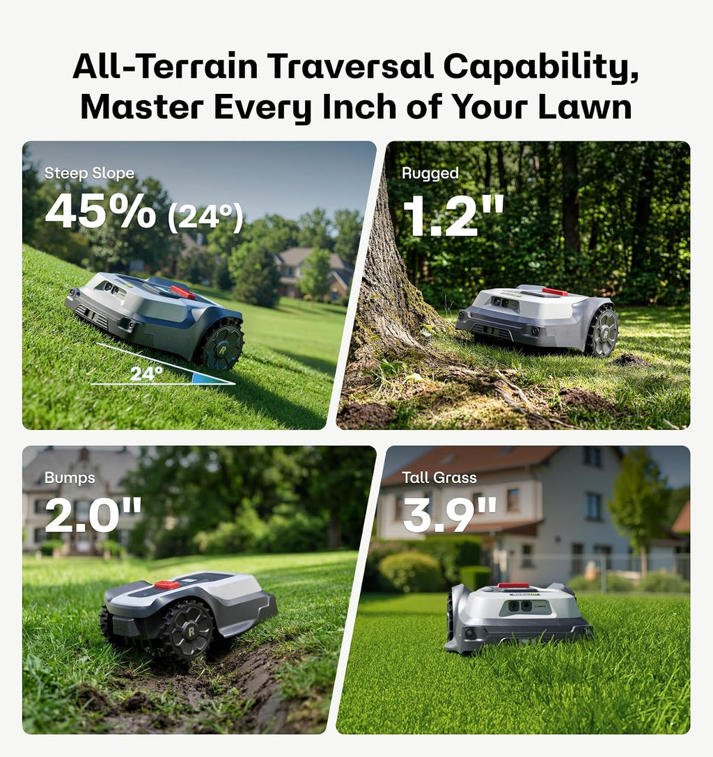 T1200Pro Robot Lawn Mower Wire-Free with Garage, Automatic Lawn Mower for 0.35 Acre, 45% Slopes, Cutting Height 3-6cm, Wireless RTK+AI Powered Robot Mower