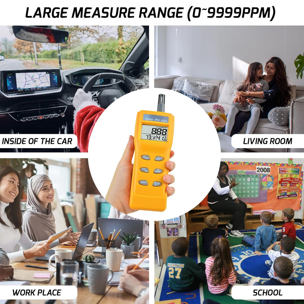 Portable CO2 Meter Handheld CO2 Detector Monitor 0~9999ppm, Carbon Dioxide Meter with Alarm Function, Temperature & Humidity Meter NDIR Sensor Air Quality Monitor for Home Trip Classroom and Office