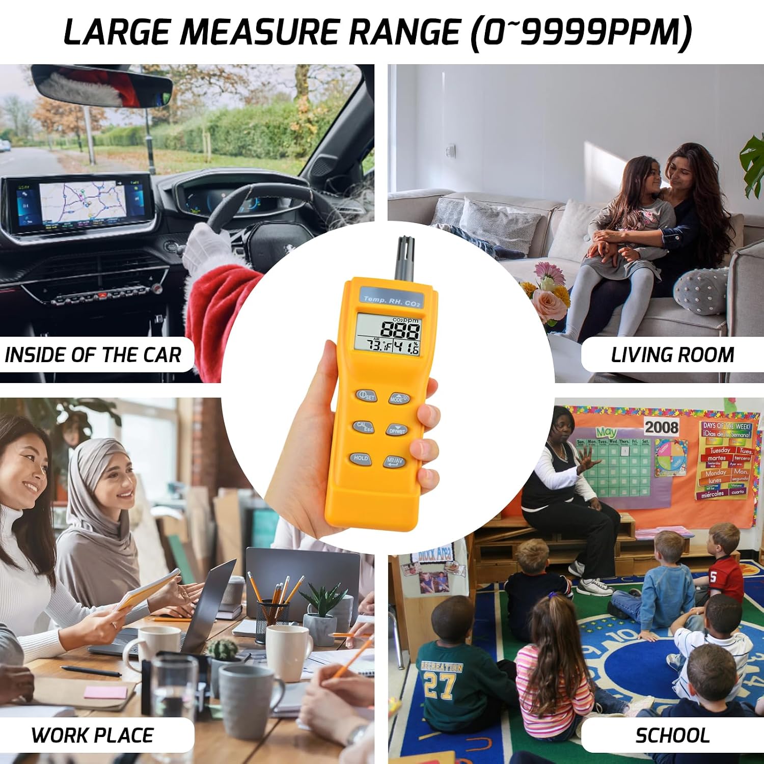 Portable CO2 Meter Handheld CO2 Detector Monitor 0~9999ppm, Carbon Dioxide Meter with Alarm Function, Temperature & Humidity Meter NDIR Sensor Air Quality Monitor for Home Trip Classroom and Office