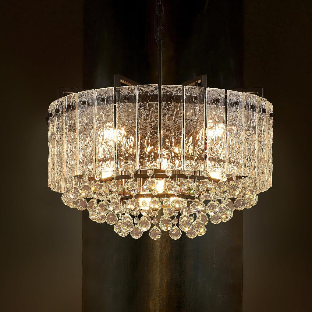 22.2' 10-Light Modern Glass Chandelier Light Fixtures Black 3-Tier Crystal Beads Chandeliers for Dining Room Round Hanging Ceiling Pendant Lighting for Kitchen Island Entryway Foyer Hallway