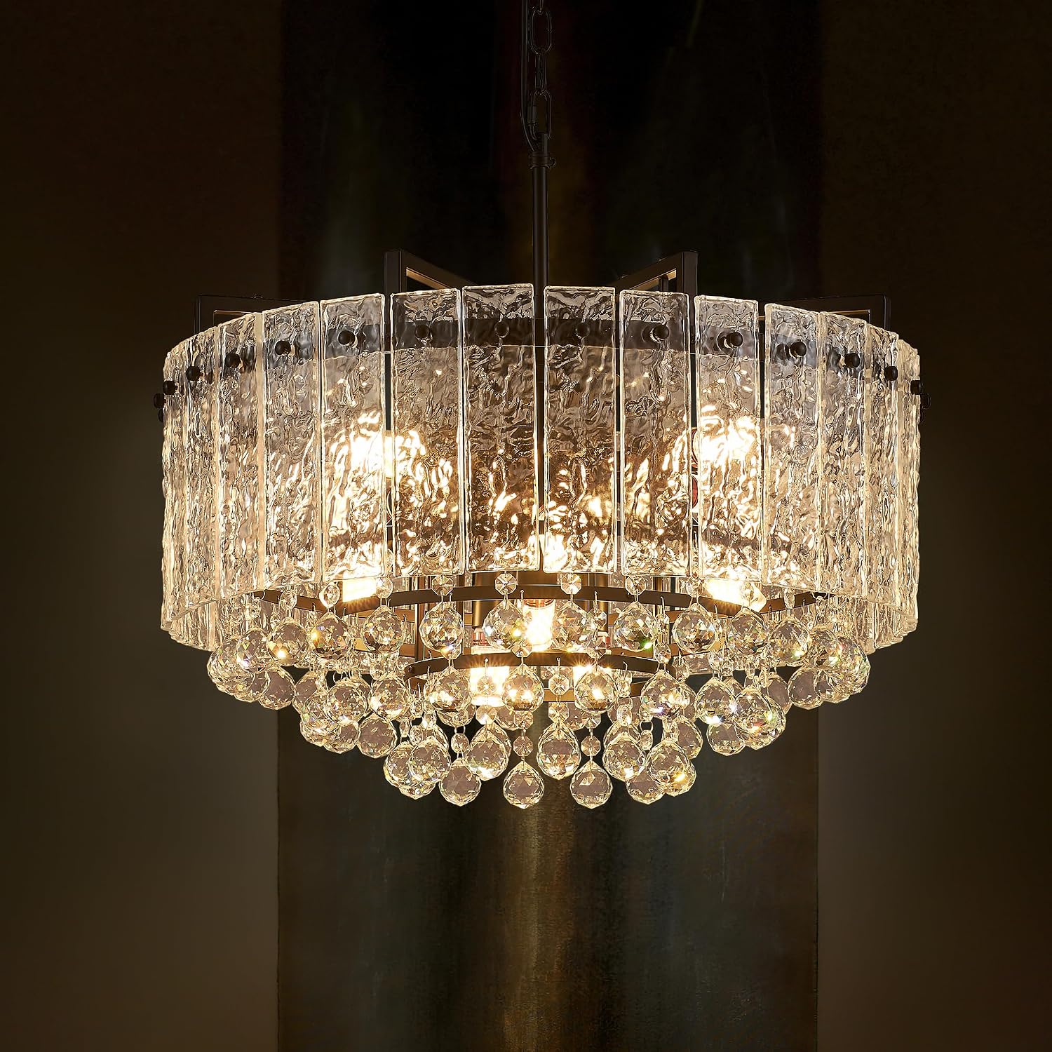 22.2' 10-Light Modern Glass Chandelier Light Fixtures Black 3-Tier Crystal Beads Chandeliers for Dining Room Round Hanging Ceiling Pendant Lighting for Kitchen Island Entryway Foyer Hallway