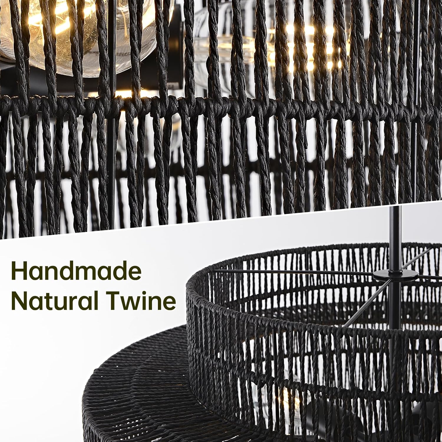 4-Light Black Boho Rattan Chandelier Light Fixture, 17.7' Hand Woven Rustic Chandeliers Farmhouse Chandelier Hanging Light for Dining Room Kitchen Island, Living Room, Foyer