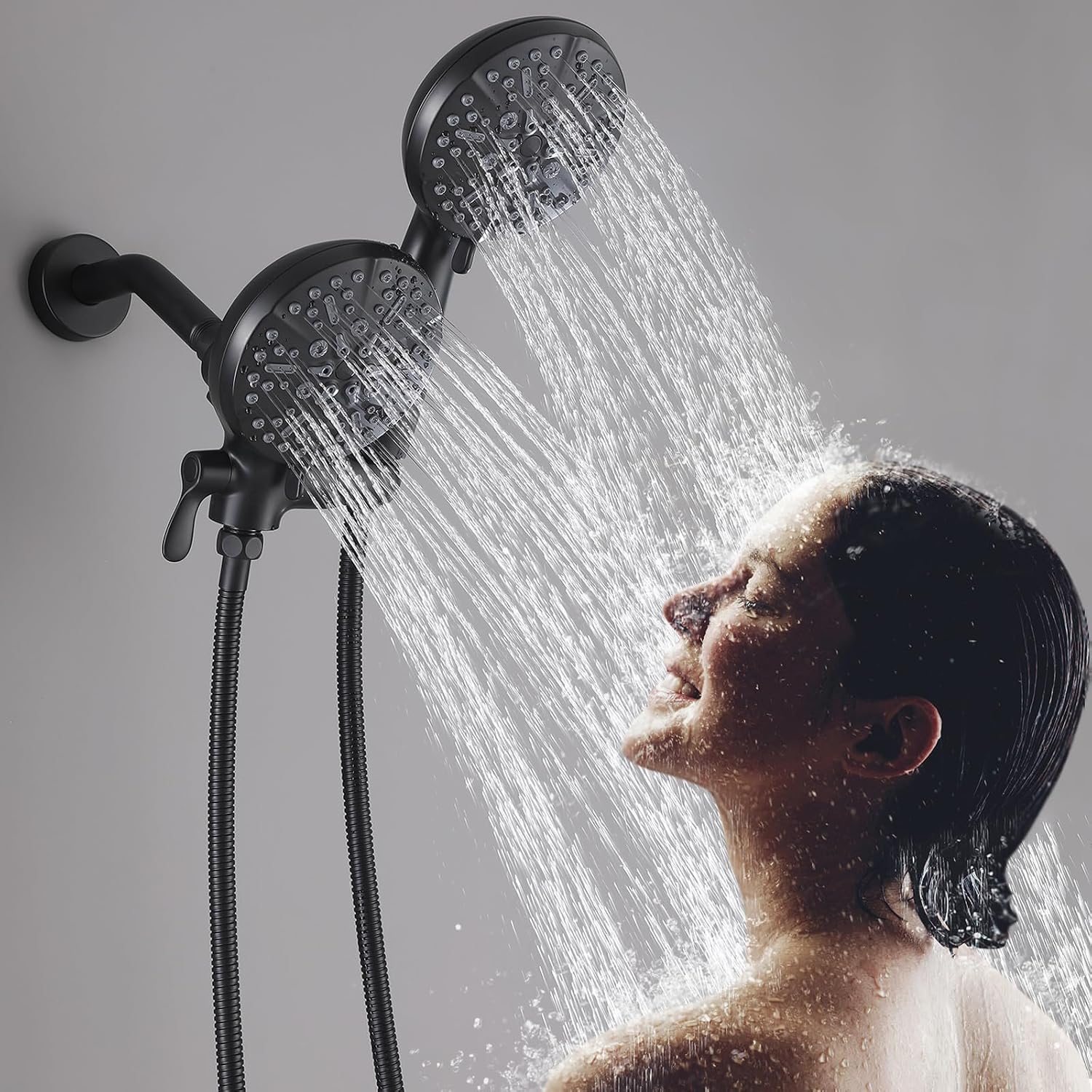 Dual Shower Head with Handheld Bathroom Double Shower Heads High Pressure 3-Way Rainfall Combo with SUS304 Hose 7-Setting Showerhead and Hand Held Shower Separately or Together Matte Black