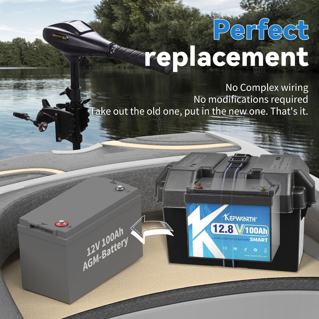 KEPWORTH 12.8V 100Ah Lithium Battery Bluetooth, Rechargeable Deep Cycle LiFePO4 Batteries BCI Group 24,100A Smart BMS, Perfect for Solar, Boat, RV, Backups, Motorhome, Trolling Motor