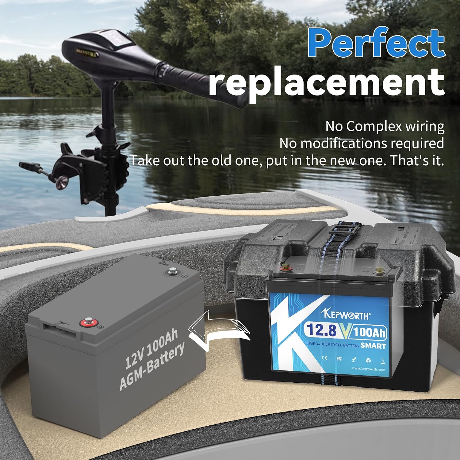KEPWORTH 12.8V 100Ah Lithium Battery Bluetooth, Rechargeable Deep Cycle LiFePO4 Batteries BCI Group 24,100A Smart BMS, Perfect for Solar, Boat, RV, Backups, Motorhome, Trolling Motor