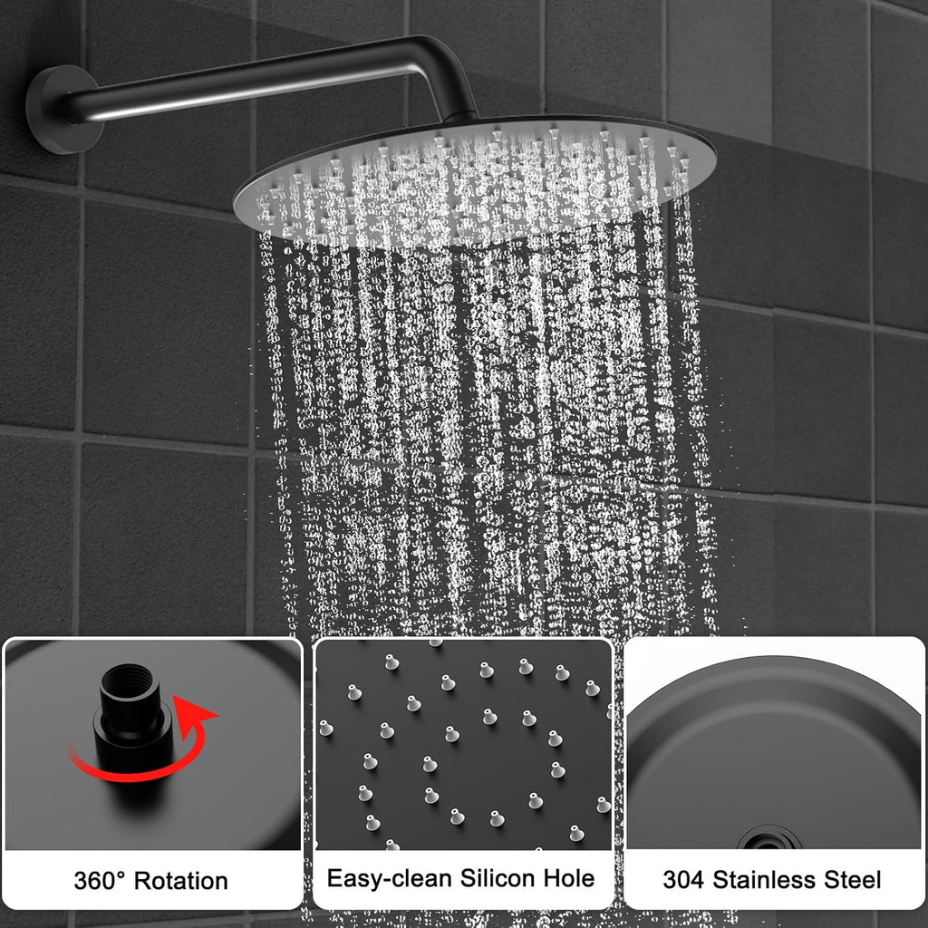 Shower Faucet Set 12IN Brass Rough-In Valve Body Trim Kit Rainfall Included Handle Accessories Complete 2 Functions with Rain Head and Handheld Bathroom Systems (12'', Matte Black)