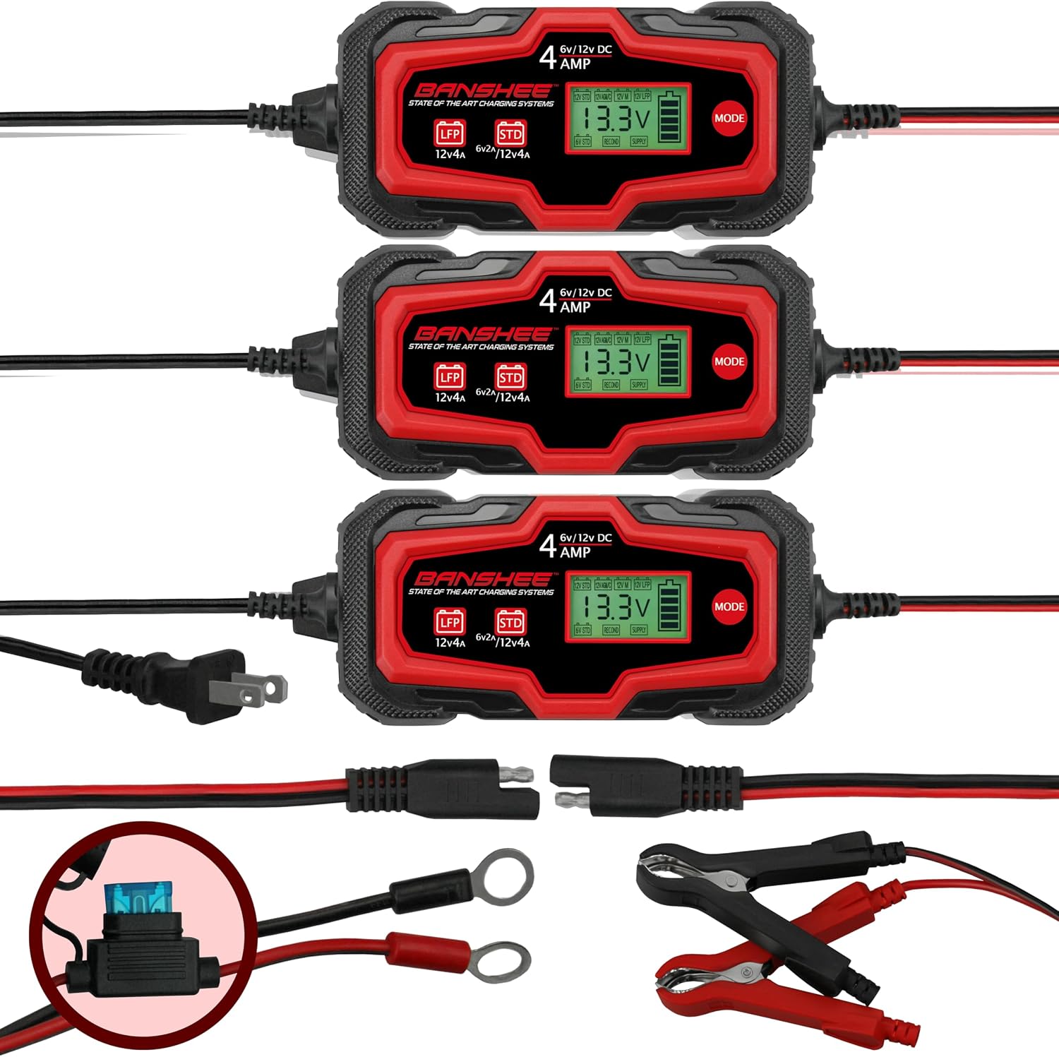 [3 Pack] Banshee Battery Charger 4-Amp - 12V and 6V Automotive Trickle Charger for Car Battery, Automatic Maintainer for Car Truck Motorcycle Lawn Mower Boat Marine