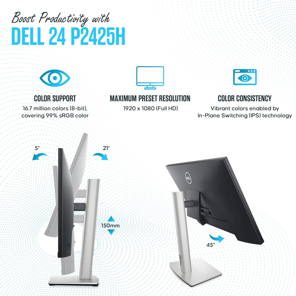 P2425H for Dell Replacement - Computer Monitor Screen 24' 16:9 IPS Bundle with Stand - Full HD, 1920 x 1080-1 Year Warranty - LED, 100Hz - with DisplayPort & USB 3.0 Upstream Cable - New Model