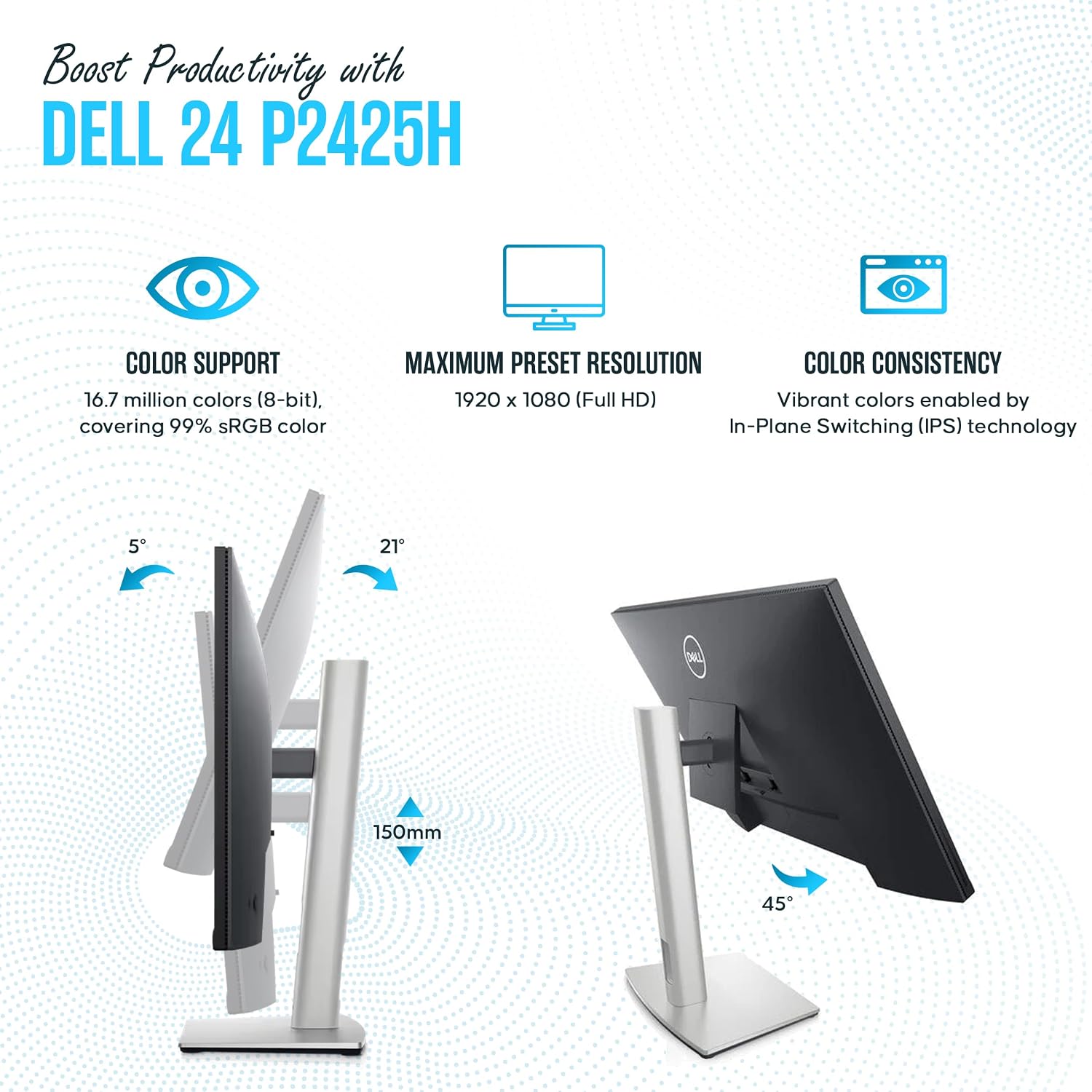 P2425H for Dell Replacement - Computer Monitor Screen 24' 16:9 IPS Bundle with Stand - Full HD, 1920 x 1080-1 Year Warranty - LED, 100Hz - with DisplayPort & USB 3.0 Upstream Cable - New Model