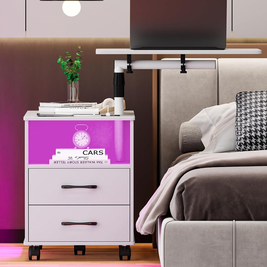 Gurexl 360° LED Nightstand with Wireless Charging Station for Bedroom, Movable Adjustable Bedside Table with Laptop Tray, Auto Sensor End Table with 24 Color Dimmable -White
