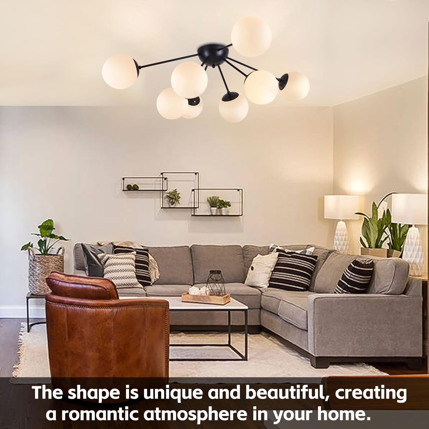 Bagood 8 Light Mid Century Modern Semi Flush Mount Ceiling Light Fixture Globe Ceiling Light Sputnik Chandelier with Milk Glass Shade Matte Black Finish for Bedroom Hallway Dining Room Living Room
