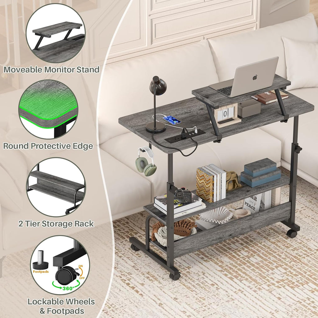 Height Adjustable Standing Desk with Power Outlets and LED Lights - 32' Manual Stand Up Desk with Monitor Stand and Storage Shelves Small Mobile Rolling Computer Desk Portable Laptop Table, Grey Oak